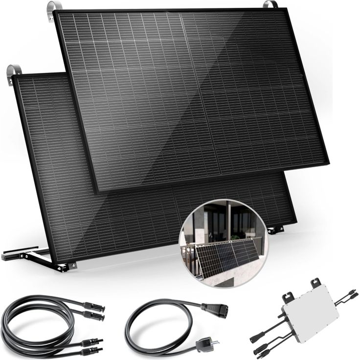Solakon Balkonkraftwerk 900W, Solaranlage mit Balkonhalterung, Plug&Play Komplettset, bifaziale Solarmodule, 800W Wechselrichter, 5m Kabel, Aluminium schwarz