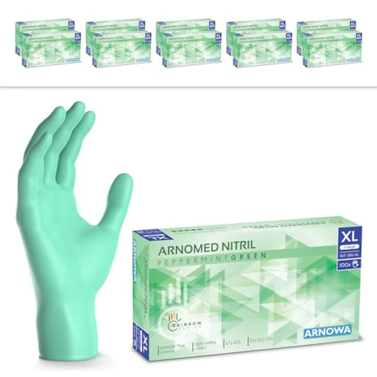 ARNOMED 1000 Stk Einweghandschuhe Grün, Nitril Einmalhandschuhe XL, puderfrei, latexfrei, lebensmittelecht, dicker und reißfester Schutz – Bild 1