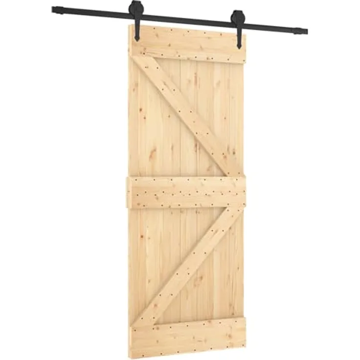 vidaXL Schiebetür 85 x 210 cm, Massivkiefer in Natürlich und Schwarz, moderne Schiebetür mit pulverbeschichtetem Stahl, pflegeleicht, für Innenräume