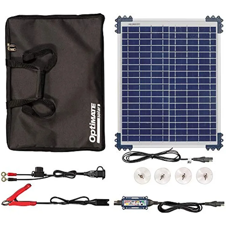 Tecmate Optimate Solar Duo 20W, Solarpanel Reise-Kit mit 6-Stufen Smart-Ladegerät für 12V Blei-Säure- und Lithiumbatterien, wetterfest