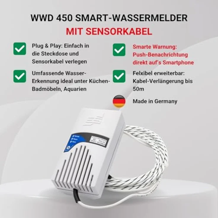 Schabus Smart-Wassermelder WWD 450, mit Sensorkabel (230V, Schuko), Push-Nachricht via Smart-Life-App, flächige Wassererkennung, akustischer & optischer Alarm, ideal für Keller, Bad, Küche, Aquarium – Bild 2