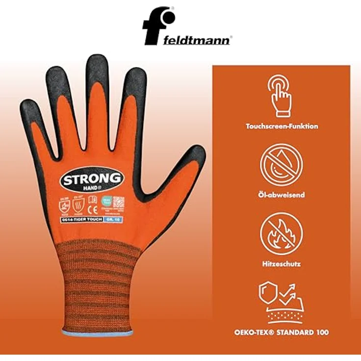 HELMUT FELDTMANN GmbH TIGER TOUCH Arbeitshandschuhe, Gr. 9, orange/schwarz, 92% PA/8% Elastan, Nitrilschaum, hohe Abriebfestigkeit, sicherer Griff, gute Öl- und Fettbeständigkeit – Bild 3