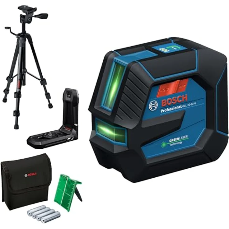 Bosch Professional Linienlaser GLL 20-22 G, Dual Power Source, grüner Laser, IP65, mit Akku und Batterien, inkl. Baustativ und Universalhalter – Bild 2