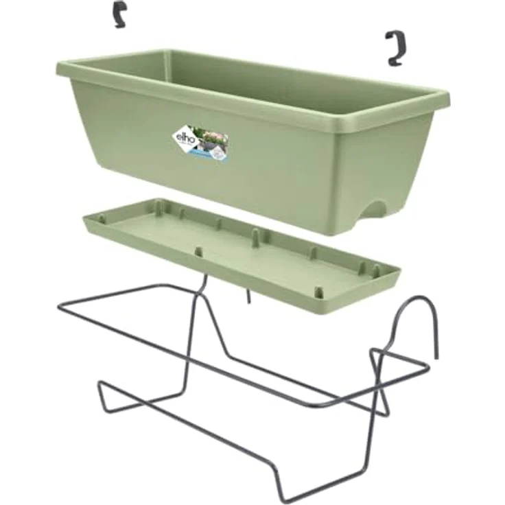elho Barcelona Allin1 50 Übertopf für Balkon, 100% recyceltes Plastik, Ø 49.5 x H 18.5 cm, integrierter Untersetzer, Grün/Pistazien Grün – Bild 4