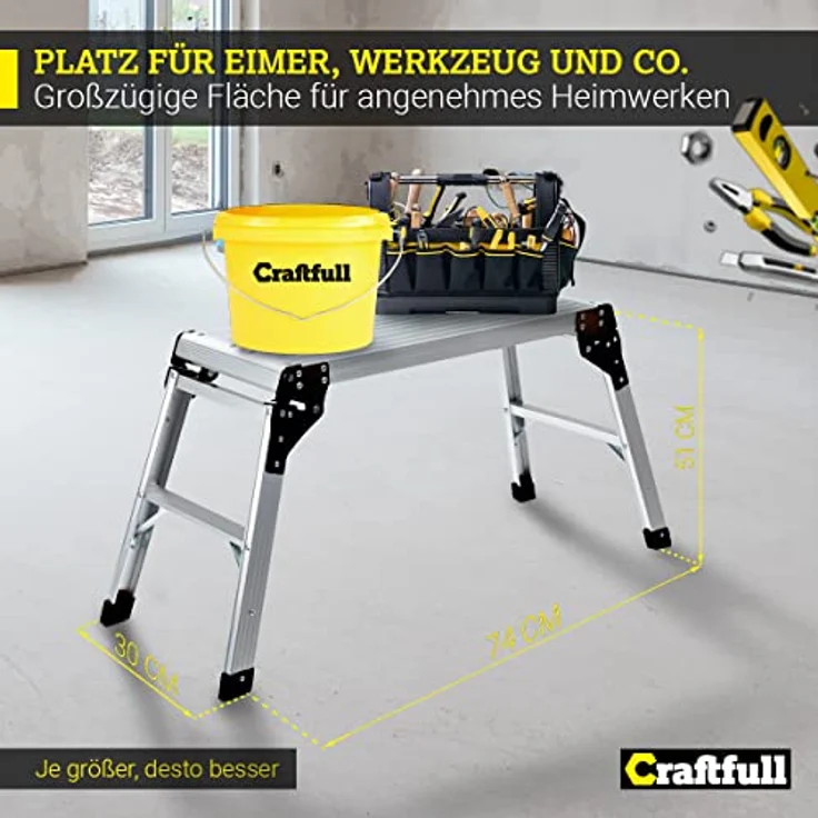 𝐂𝐑𝐀𝐅𝐓𝐅𝐔𝐋𝐋 Arbeitsplattform CF-107A | 𝟑 𝐉𝐀𝐇𝐑𝐄 𝐆𝐀𝐑𝐀𝐍𝐓𝐈𝐄 - Alu Leiter - Klappbar - Bis 150kg - Arbeitsbühne mit Plattform - Trittleiter - Werkbank - Klappleiter (Silber/Schwarz) – Bild 2