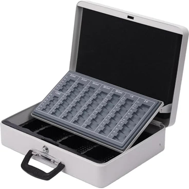 Relaxdays Geldkassette abschließbar, Handkasse aus Eisen mit Münzgeldeinsatz und Scheinfach, weiß, HxBxT: 10x37x28 cm – Bild 1