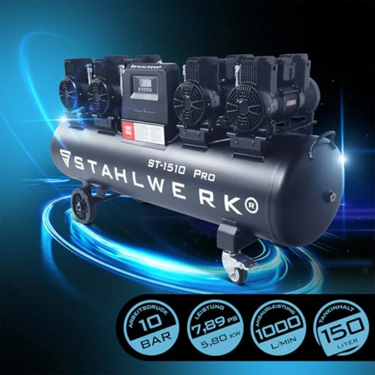 STAHLWERK ST-1510 Pro, Druckluftkompressor mit 10 bar, 150 L Kesselvolumen, 7,89 PS, 1000 l/min, ölfrei, leise mit 72 dB – Bild 3