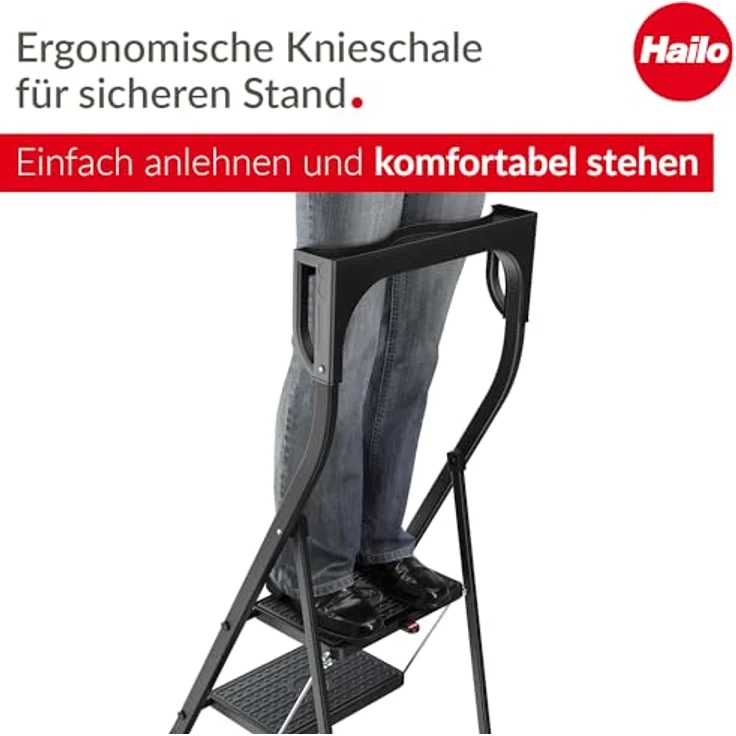 Hailo K77 ComfortLine Klapptritt - 3-stufige Trittleiter aus Stahl mit Sicherheitsbügel und Ablageschale - Arbeitshöhe bis 2,69 m - Gewicht: 6,8 kg - Schwarz – Bild 4