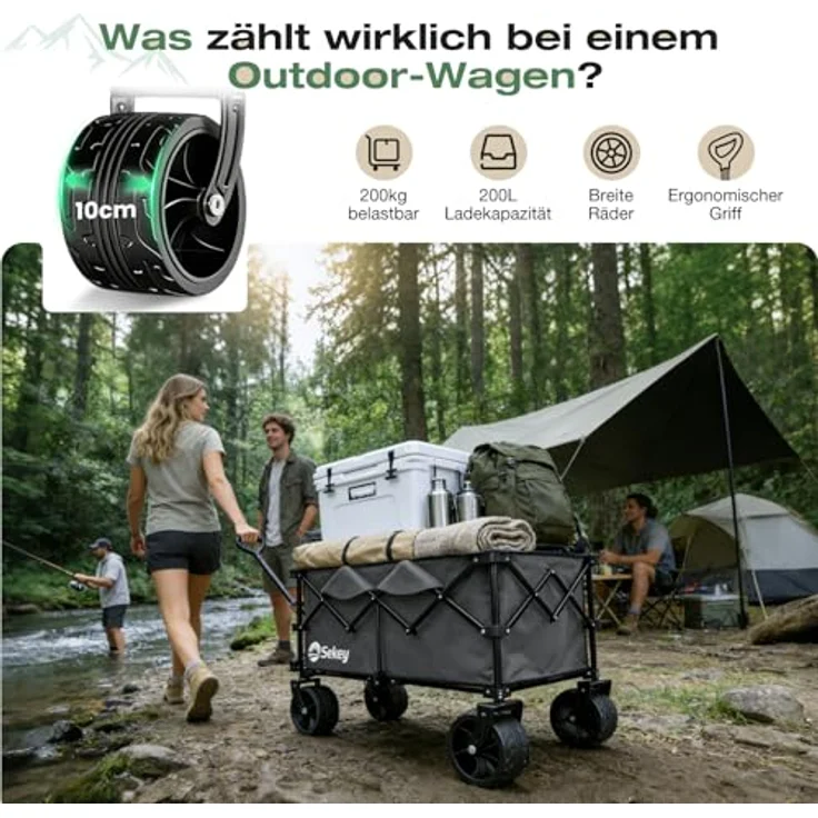 Sekey XXL Plus Bollerwagen, Faltbar mit 200L Volumen und 200KG Tragkraft, All-Terrain-Räder 17x10 cm, patentierter 4-Wege-Sofortaufbau, Anthrazit – Bild 2