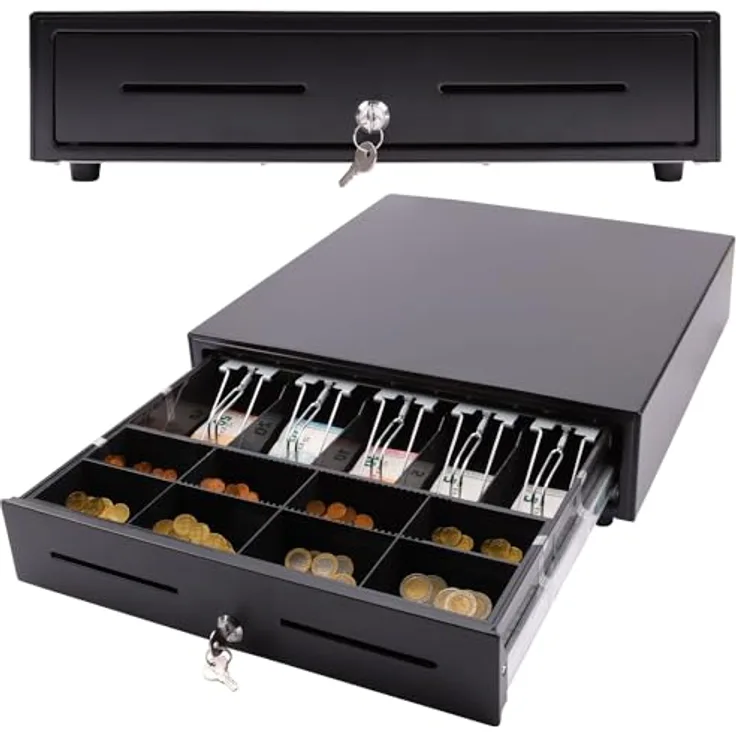 OLYMPIA OFFICE Geldkassette XLD 460A, Metall Kassenschublade mit 8 Münzfächern, 4 Scheinfächern, schwarze Geldlade mit Schloss und Mikroschalter