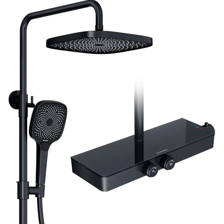 Rainsworth Duschsystem mit Thermostat, Matt Schwarz, 3 Strahlarten, 26x26 cm, selbstreinigende Antikalk-Düsen, Wassersparfunktion