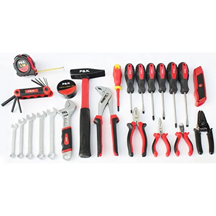 P & K Werkzeugkoffer P & K 30 teiliger Alu Werkzeugkoffer (30 St) - Mit Hammer, Zangen, Maßband, Cutter, Inbusschlüssel, Wasserwaage, Isolierband, Maulschlüssel – Bild 2