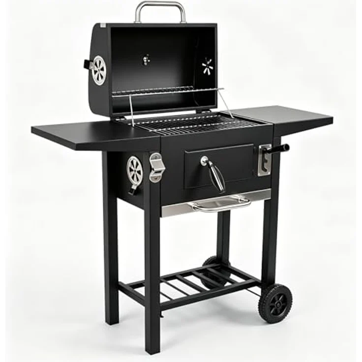 LQWELL Grillwagen, Holzkohlegrill BBQ Smoker Trolley mit Deckel, Edelstahlgriff, Thermometer und Rädern, Maße L109 x W54 x H94.5 cm, Schwarz – Bild 3