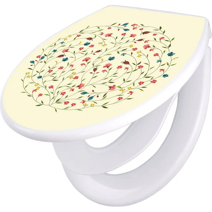 Banjado Familien WC Sitz mit Absenkautomatik, Klodeckel mit Kindersitz und Blumenreigen-Motiv, hochwertiges Polypropylen, 44,5x37x5cm