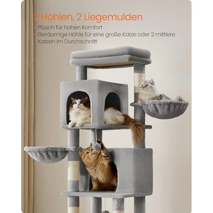 Feandrea Kratzbaum, 175 cm hoch, XL, mehrstöckiger Katzenbaum mit 2 Höhlen, 2 Liegemulden, 5 Kratzsäulen, Katzenbürste, große Plattform, Taubengrau PCT182G01 – Bild 5