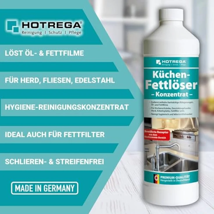 HOTREGA® Küchen Fettlöser 1L, intensiver Fettreiniger mit 2 Microfasertüchern in grün – Bild 3