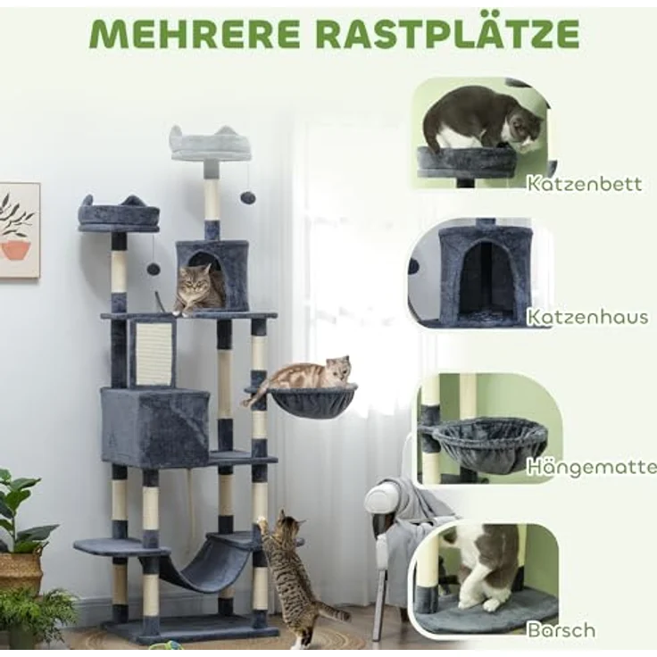 PawHut Kratzbaum 206 cm, mehrstöckiger Katzenkletterbaum mit Höhle, 2 Spielballen, Sisalstämmen, große Plattform, dunkelgrau – Bild 3