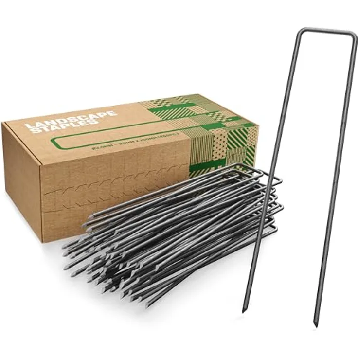 GardenGloss® Erdanker aus Stahl unverzinkt, stabile Bodenanker für Unkrautvlies und Zaun, 150 mm lang, 25 mm breit, Ø 2.7 mm, schwarz, 250 Stück