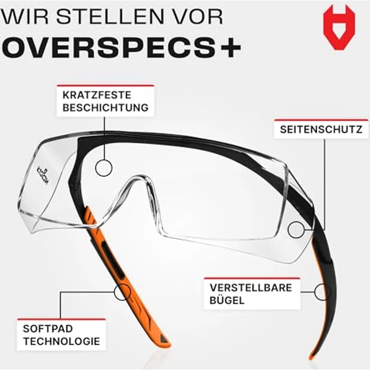 NoCry Sicherheits-Überbrille mit kratzbeständigen Gläsern, Seitenschutz, verstellbaren Bügeln, 400 UV-Schutz, schwarz-oranger Rahmen, EN166/EN170/EN172/EN175 zertifiziert – Bild 2
