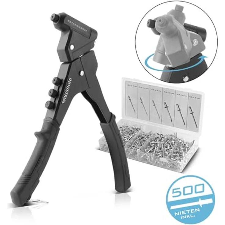 STAHLWERK Nietzangen-Set NZ-280 ST, 360° Blindnietzange mit 4 Wechsel-Aufsätzen und 500 Blindnieten, Hebelnietzange, Popnietzange, Nietmutternzange, Einhand-Nietzange – Bild 3