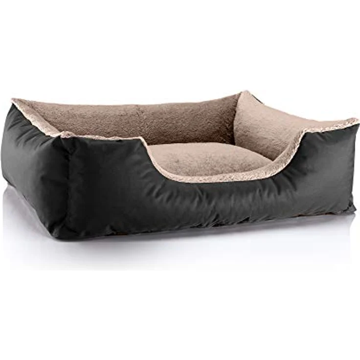 BedDog Hundebett Teddy flauschig, Hundekissen mit abziehbaren waschbaren Bezug, Hundekorb, Hundesofa, für mittel-große Hunde, L, schwarz-beige – Bild 1