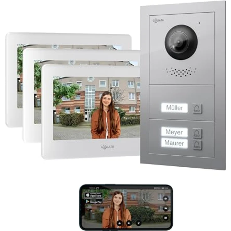 Goliath Intercom Video-Türsprechanlage Basic-Line, 7-Zoll HD Monitor in Weiß/Schwarz, 2-Draht, für 3-Familienhaus mit Kamera und App-Funktion – Bild 1