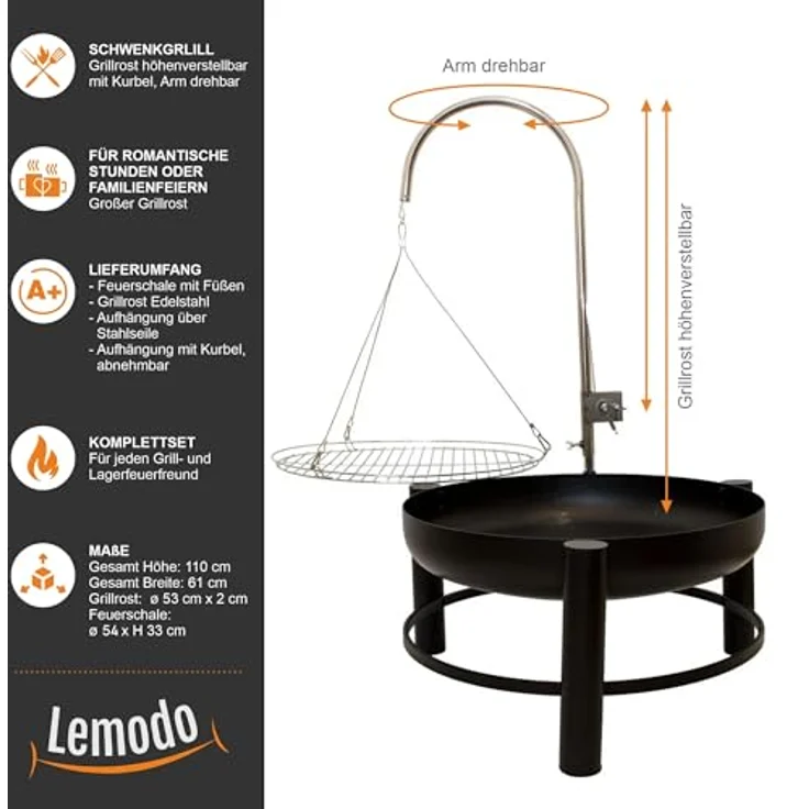Feuerschale mit Holzkohlegrillrost, Schwenkgrill, 55 cm – Bild 5