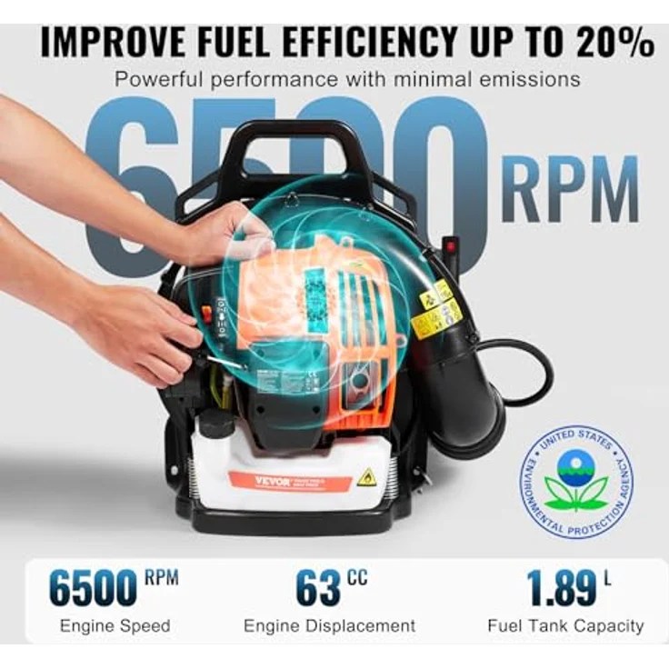 VEVOR Rucksack-Laubbläser, 63 CC 2-Takt Benzin, 1110 CFM Luftvolumen, 220 MPH, 1,89 l Kraftstofftank, ideal für Rasenpflege und Laubreinigung – Bild 3