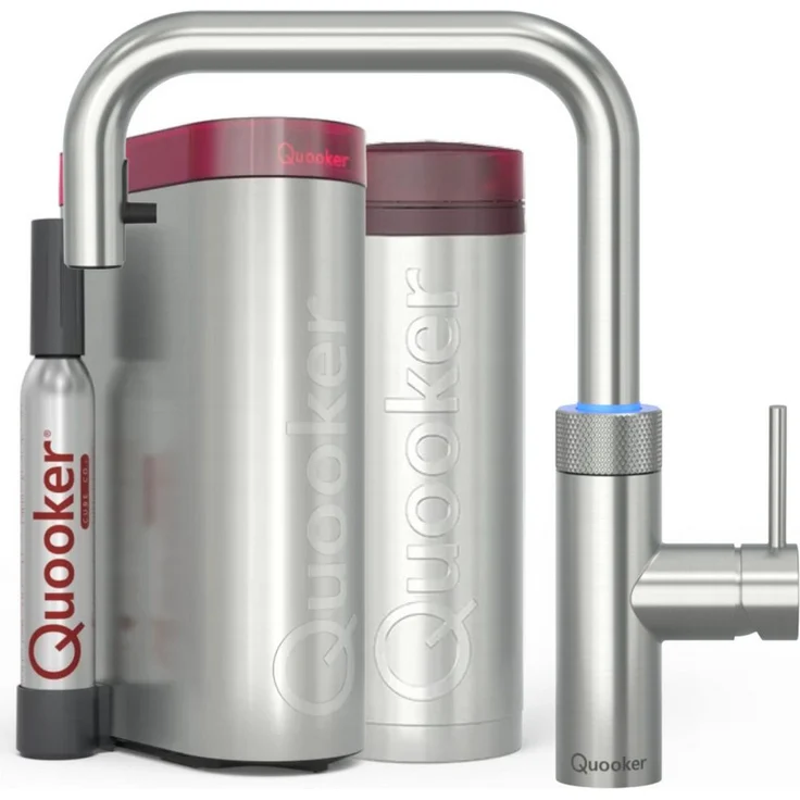 QUOOKER Flex Square, Küchenarmatur mit PRO3 & CUBE, Voll-Edelstahl, inkl. CUBE Filter Starter Set, 7 Jahre Garantie