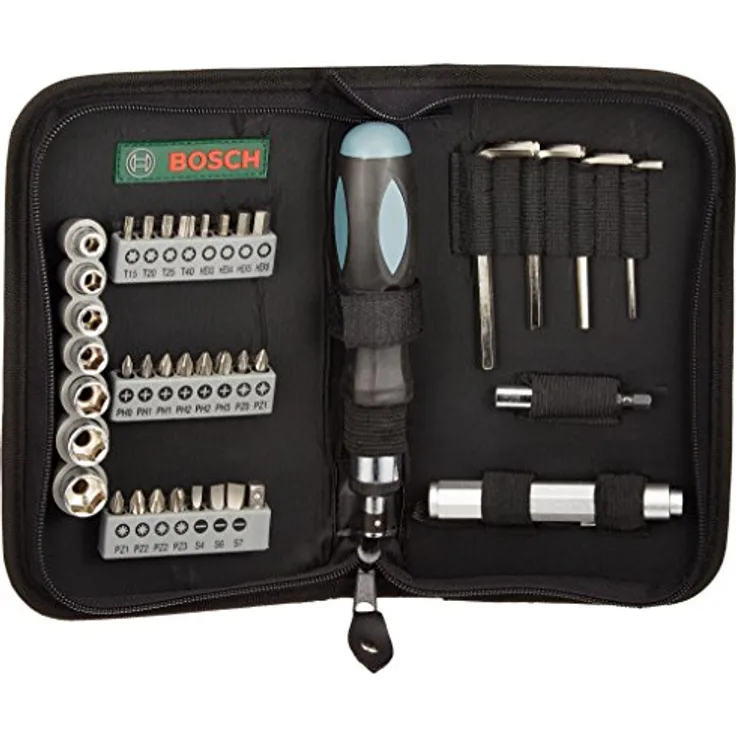 Bosch 38tlg. Mixed Bit Set (PH, PZ, S, HEX, Steckschlüssel Ø 5-13 mm, inkl. Handschraubendreher, Taschenlampe, Zubehör Bohrschrauber)
