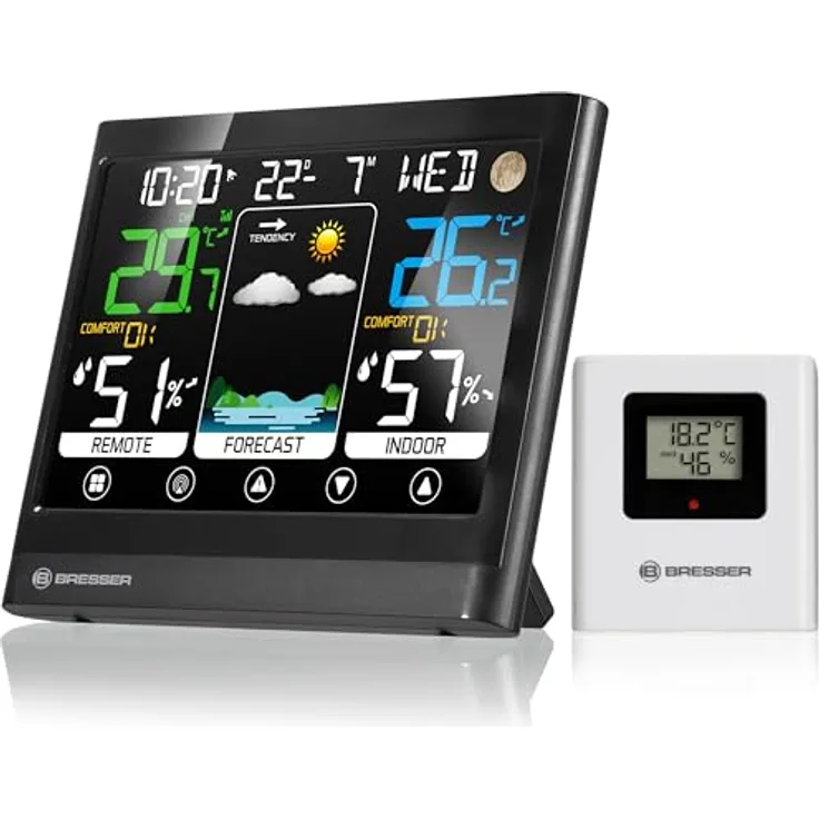 Bresser MeteoTemp BF, Funk Wetterstation mit Touch-Display, Außensensor, Wettervorhersage, Raumklima-Indikator, Temperatur- und Luftfeuchtigkeitsmessung, DCF-Zeitsignal, Wecker