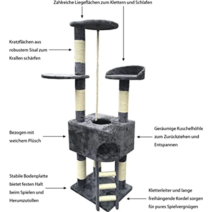Dehner Katzen-Kratzbaum Kira, ca. 158 x 50 x 40 cm, Sisal/Plüsch, grau – Bild 2