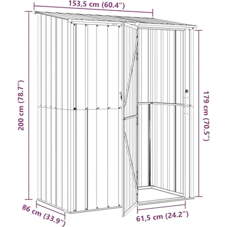 vidaXL Metall Gartenhütte Braun 153,5 x 86 x 200 cm, wetterfester Geräteschuppen mit viel Stauraum für Werkzeuge und Zubehör – Bild 3