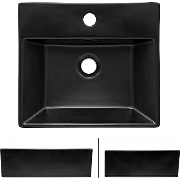 ML-Design Waschbecken aus Keramik Schwarz 415x365x130 mm Eckige Aufsatzwaschbecken, Moderne Waschtisch, Waschschale mit Überlauf und Abflussloch, Waschplatz Handwaschbecken, für Badezimmer/Gäste-WC – Bild 2