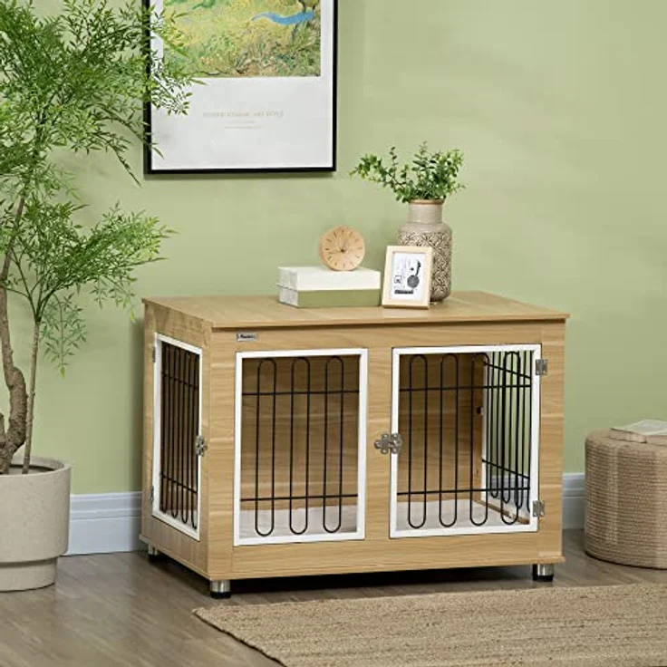 PawHut Hundekäfig, Hundehütte, Haustierkäfig mit Kissen, 2 Verriegelungen für Mittelegroße Hunde, Hundebox mit Doppeltüren, Hundehaus, Eiche, 90 x 58 x 65 cm – Bild 2