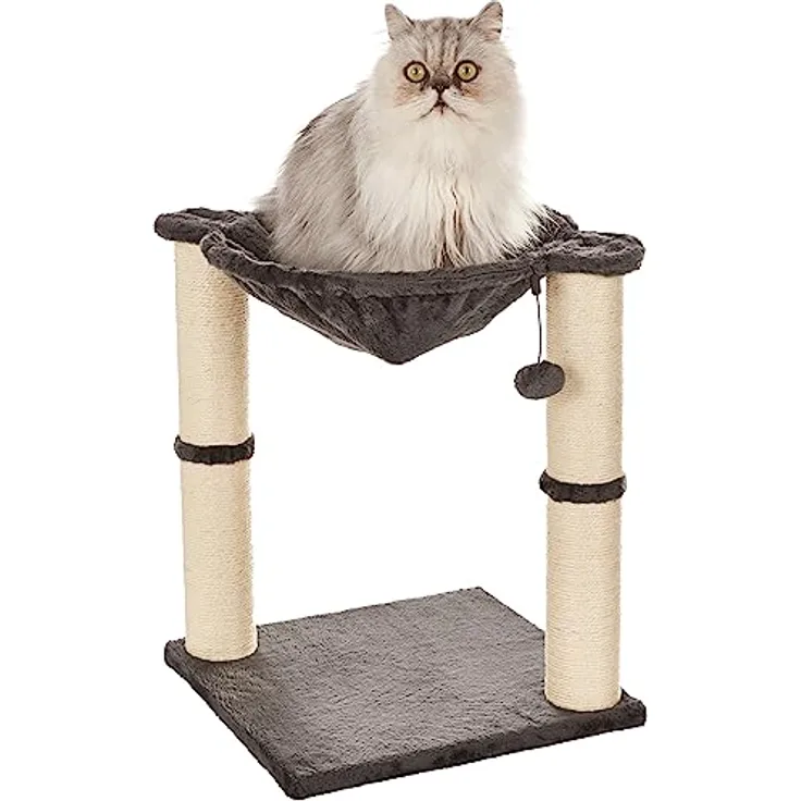 Amazon Basics – Katzen-Kratzbaum mit Haus, Hängematte, Bett und Kratzstamm, 41 x 51 x 41 cm, grau