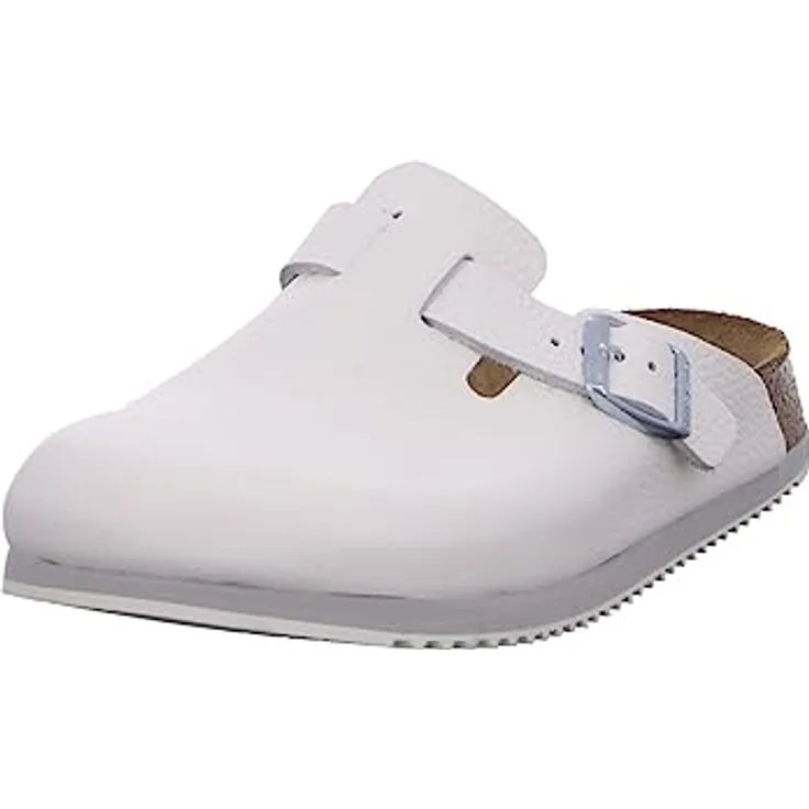 Birkenstock Clog Boston Super Grip, Sicherheitssandale aus Naturleder, weiß, anatomisches Kork-Latex-Fußbett, rutschhemmende Gummisohle, Größe 37