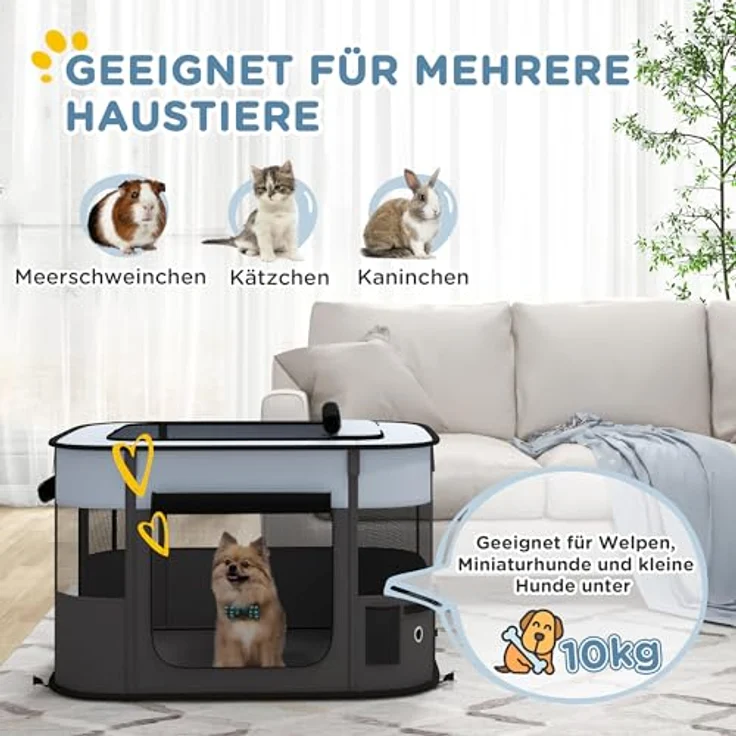 PawHut Welpenauslauf, faltbarer Welpenlaufstall mit Türen und Fenstern, atmungsaktives Netz, für kleine Hunde unter 10 kg, Indoor und Outdoor, 94 x 74 x 60 cm, Grau – Bild 3