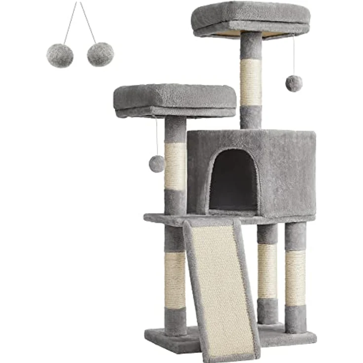 Feandrea Kratzbaum PCT141W01, kleiner Katzenbaum mit Kratzbrett und Plattformen, 115 cm, hellgrau, Sisal umwickelte Säulen, weicher Plüsch – Bild 1