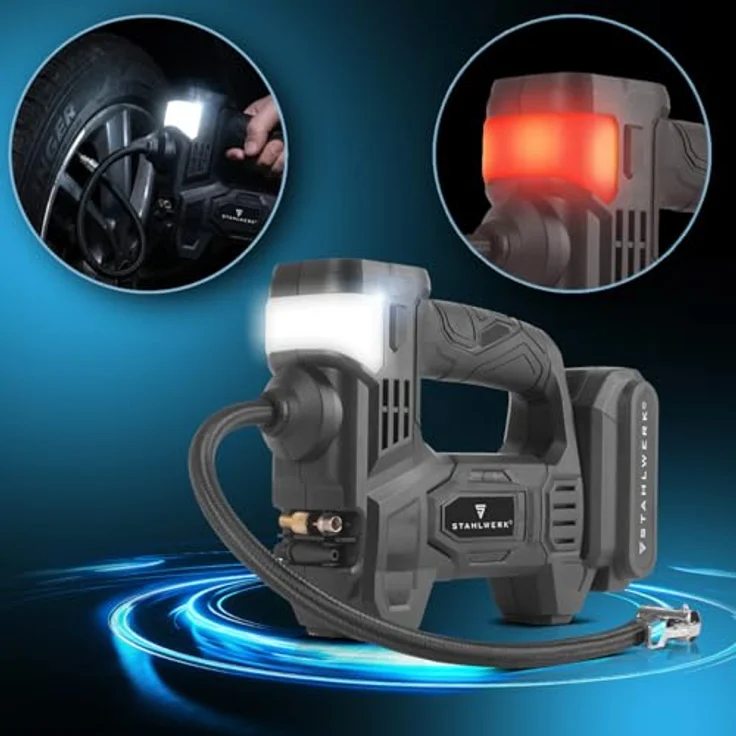 STAHLWERK Akku Druckluftkompressor ADK-20 ST, 72 Watt Leistung, mobile Luftpumpe mit digitaler Druckanzeige und LED-Beleuchtung – Bild 6