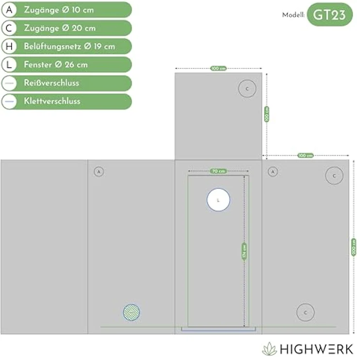 HIGHWERK Growzelt 100 x 100 x 200 cm, Indoor Pflanzenzelt, lichtundurchlässig, schwarz-grün mit hochreflektierender Innenseite – Bild 2