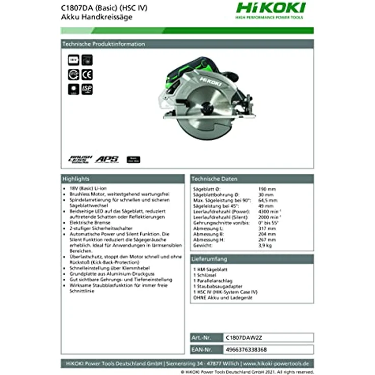 HIKOKI Akku Handkreissäge C1807DA (18V, Li-Ion, 190 mm Sägeblatt, Brushless, LED, Spindelarretierung, Transportkoffer, Sägeblatt, ohne Akku und Ladegerät) – Bild 2