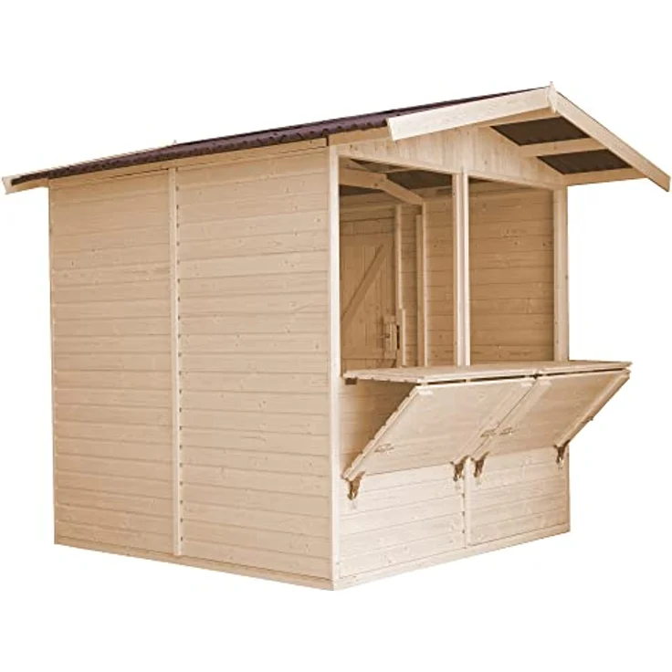 TIMBELA M149 Holz Gartenhaus, Marktbude Holz, Qualitäts Schiffslatten Kiefern Fichte Verkaufsstand Holzhaus mit Theke 200x200/4m2, große multifunktionale Garten-Bar Verkaufshütte Verkaufsstände – Bild 1
