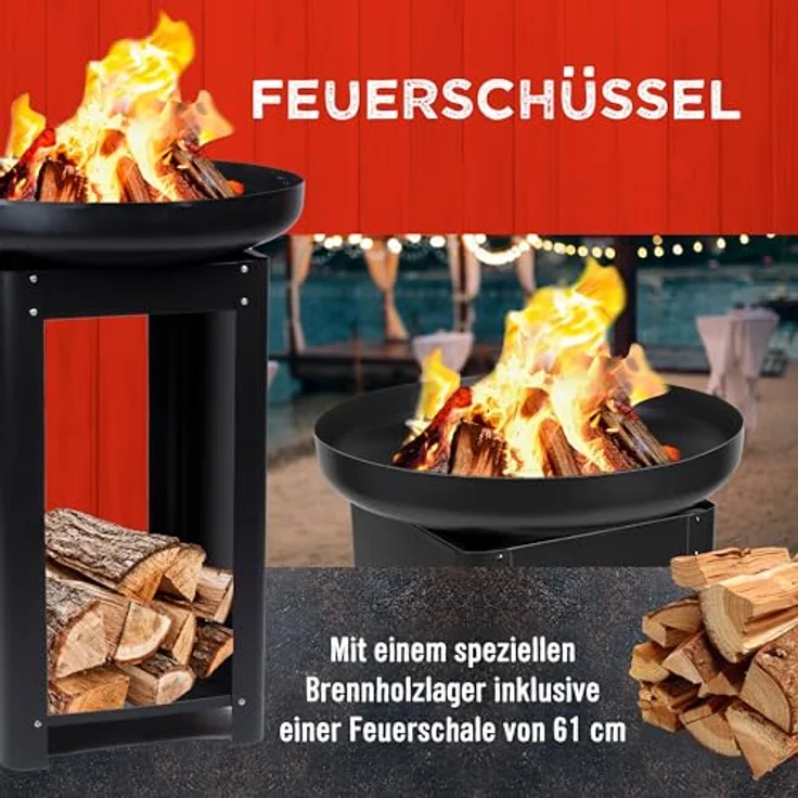 BBQ Collection 3-in-1 Feuerschale mit Grillrost - Feuerkorb 61 x 90 cm Metall - Outdoor Küche mit Teppanyaki und BBQ Grillplatte - Plancha BBQ mit Holzlagerplatz - Gartenkamin für Außen – Bild 4