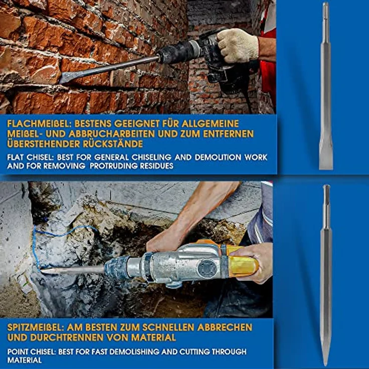 S&R Meißel-Set 3-tlg. SDS-plus, Industrie-Qualität, Spatmeißel, Flachmeißel, Spitzmeißel, hohe Standzeit, in robuster Box – Bild 4