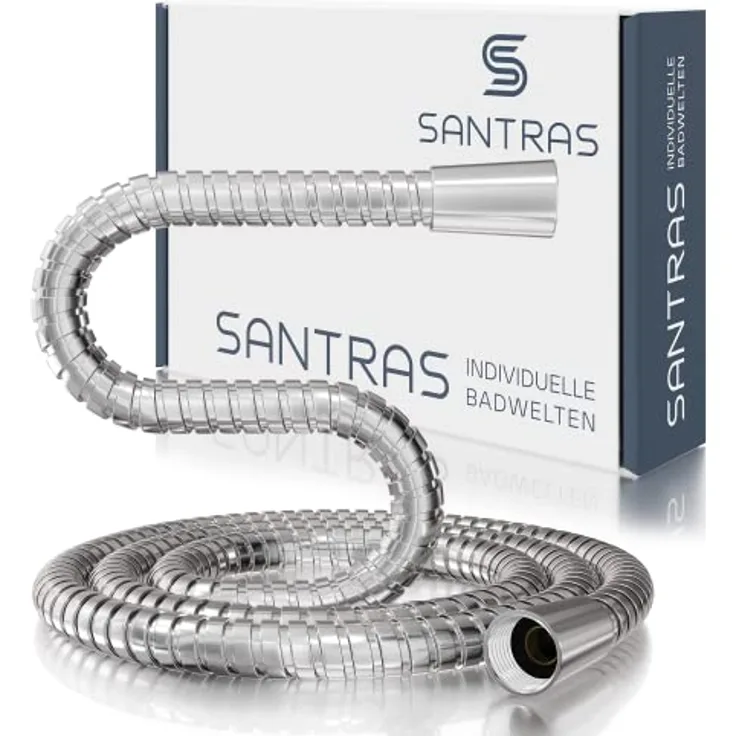 SANTRAS® Metall Duschschlauch DELUXE 0,50 m lang mit Wassersparer in Chrom– Besonders hochwertiger und verdrehsicherer Brauseschlauch mit DURCHFLUSSBEGRENZER in Edelstahloptik