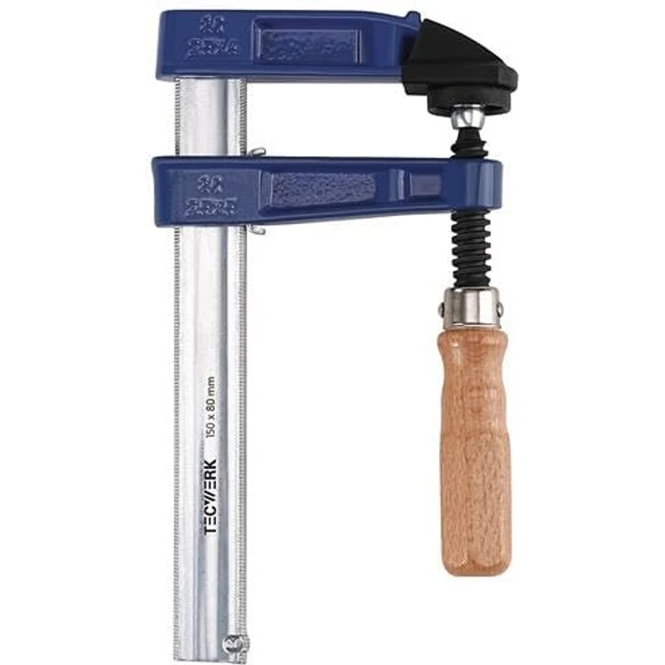 TECWERK Temperguss-Schraubzwinge 200mm Spannweite, 100mm Auflagefläche, Holzgriff 27x7mm, hohe Qualität