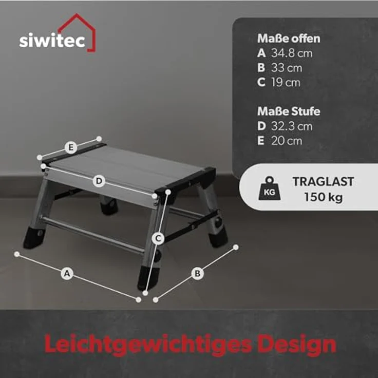 siwitec Alumium-Klapptritt 1 Stufe | Kleine Trittleiter mit rutschfesten Standfüßen | 150 kg Traglast | Geriffelte Stufen | Platzsparend | Klappleiter – Bild 2