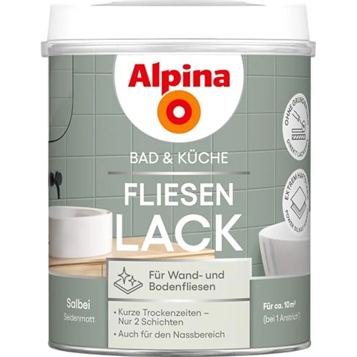 Alpina Fliesenlack 2K, Salbei seidenmatt, wasserbasierend, für Nassbereiche, 750 ml – Bild 1