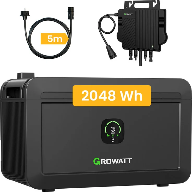 Growatt NOAH 2000, Balkonkraftwerk Set mit 2048Wh LiFePO4 Speicher und 800W Mikrowechselrichter, 1800W PV-Eingangsleistung